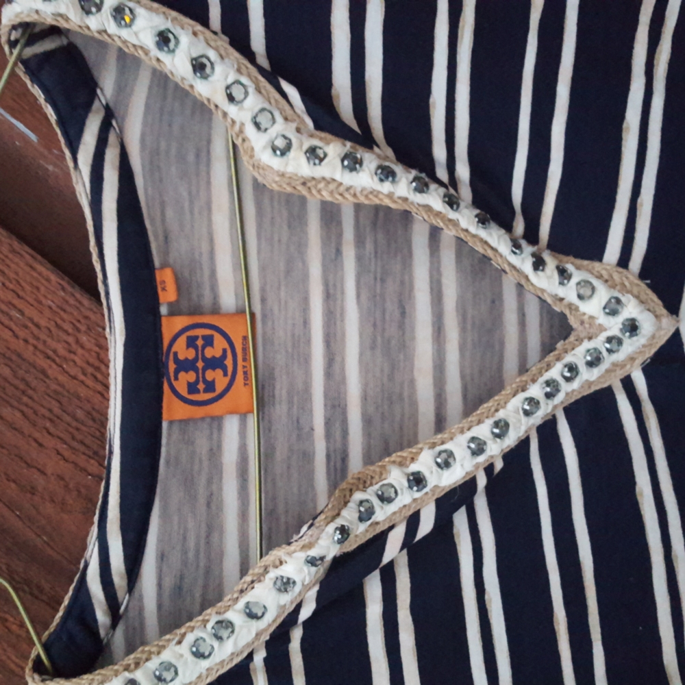 Tory Burch Navy Silk Striped Rhinestone Embellished Shirt Blouse